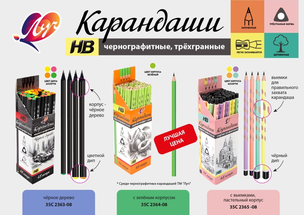 Карандаш чернографитный Луч HB трехгранный корпус зеленый