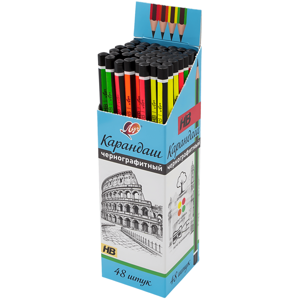 Карандаш чернографитный Луч HB шестигранный корпус неоновый с полосками